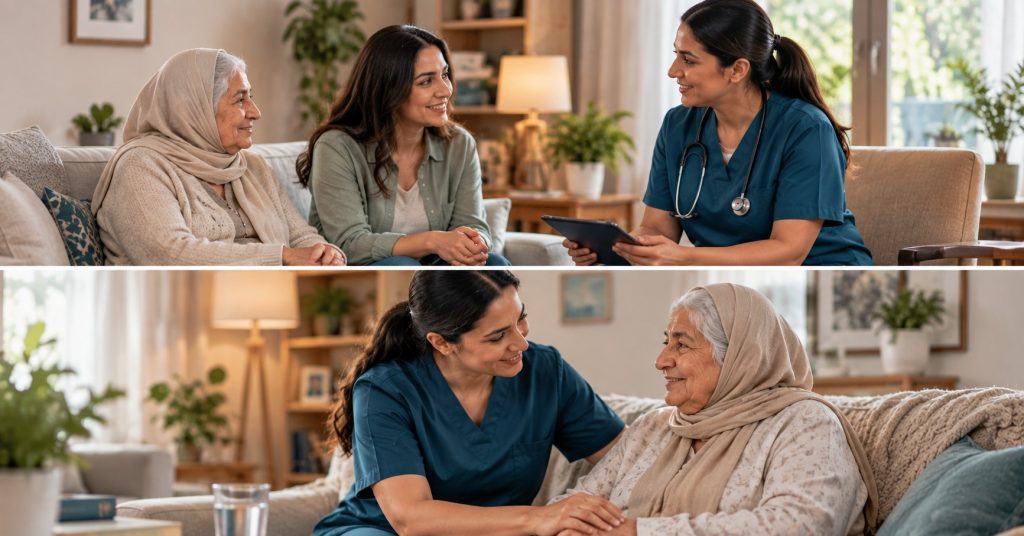 ممرضة منزلية تتحدث مع أسرة مصرية وتقيس ضغط سيدة مسنة في البيت - كيف احصل على ممرضة منزلية موثوقة
