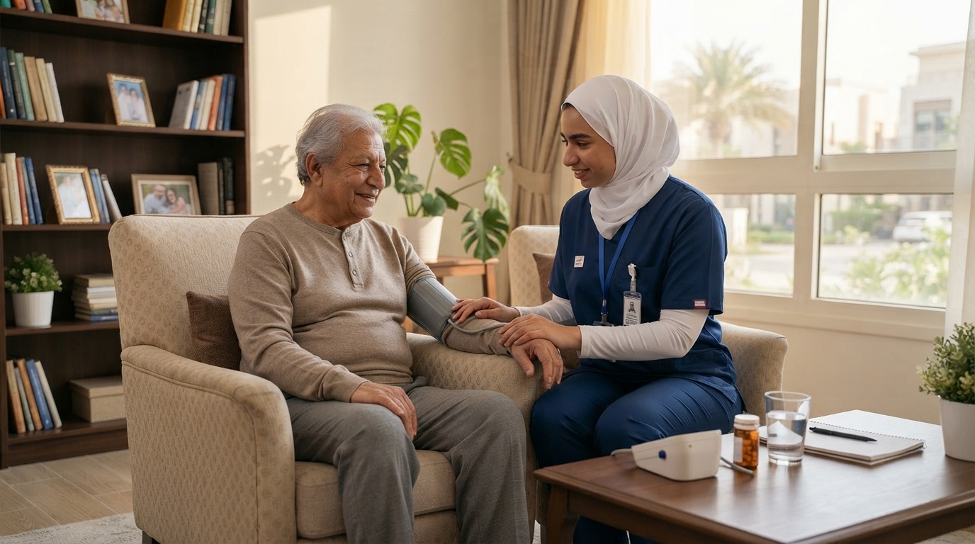ممرضة تعرض على أسرة بنود تكلفة رعاية المسنين في المنزل