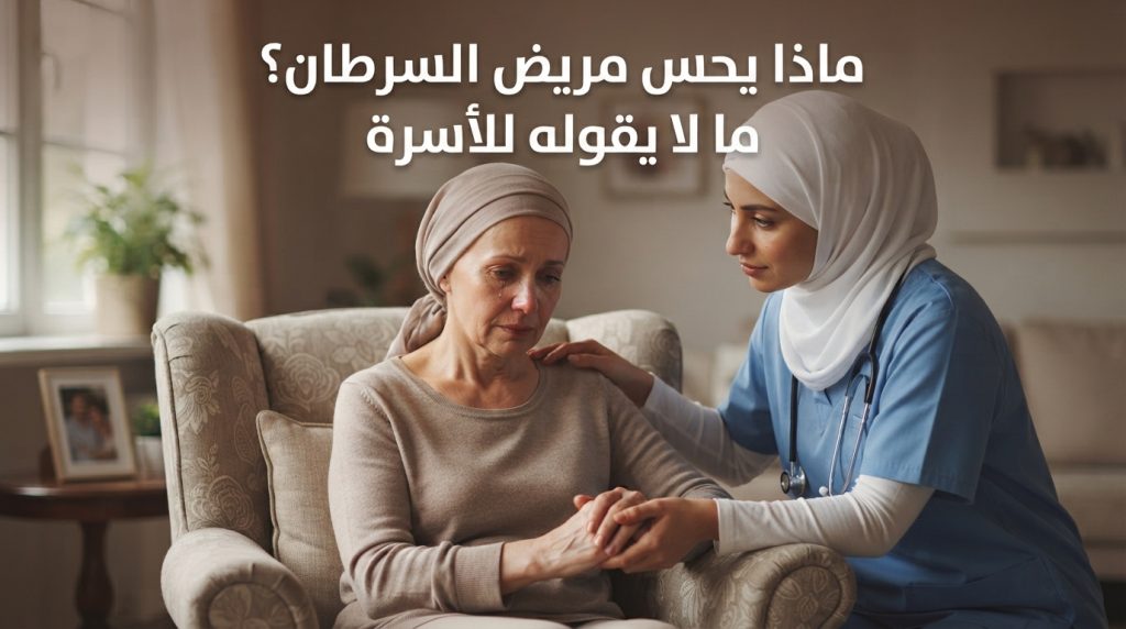 بطاقة عنوان مقال ماذا يحس مريض السرطان ما لا يقوله للأسرة مع ممرضة وسيدة مسنة بالمنزل