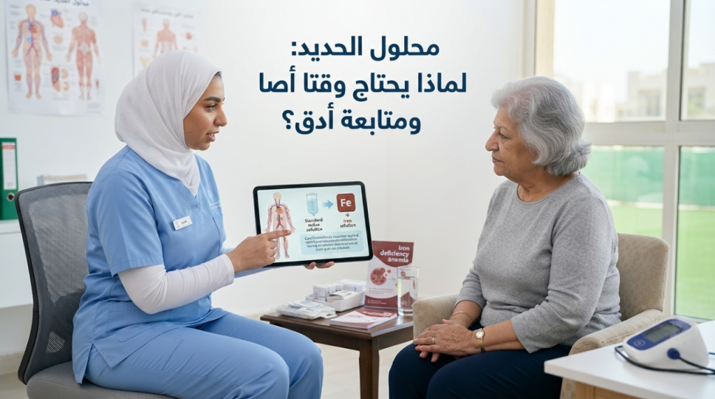 ممرضة منزلية تشرح لسيدة مسنة سبب طول مدة محلول الحديد على جهاز لوحي - محلول الحديد