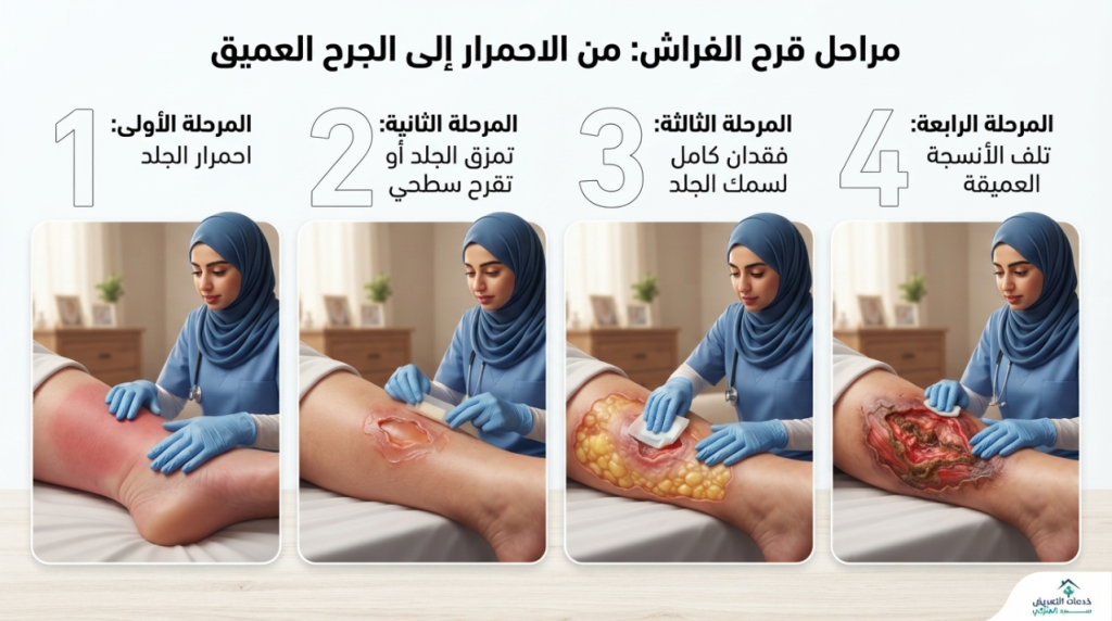 انفوجرافيك يوضح مراحل قرح الفراش الأربع مع ممرضة تفحص ساق مريض - مراحل قرح الفراش