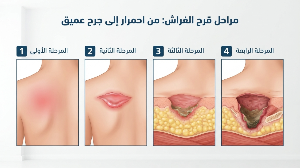 رسم طبي يوضح طبقات الجلد في كل مرحلة من مراحل قرح الفراش - مراحل قرح الفراش