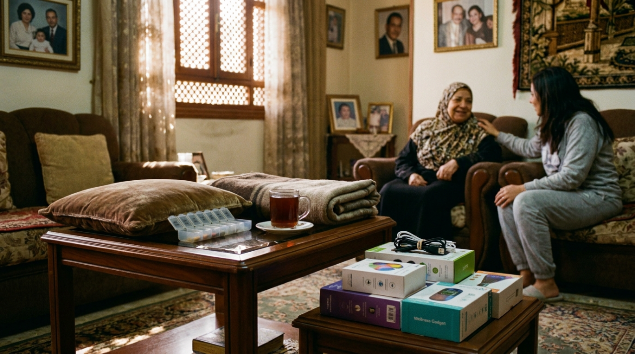 ابنة تجلس مع والدتها المسنة وأمامهما علب مستلزمات طبية منزلية على الطاولة - ما تحتاج شراءه لرعاية كبار السن