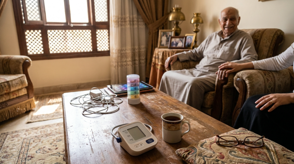 رجل مسن يجلس في بيته وأمامه جهاز ضغط ومنظم أدوية وقياس أكسجين على الطاولة - مستلزمات رعاية كبار السن