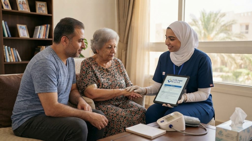 ممرضة تصل لعنوان أسرة في الجيزة لتقديم خدمة مكتب تمريض الجيزة