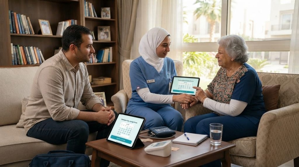 ممرضة تصل لعنوان أسرة في القاهرة لتقديم خدمة مكتب تمريض القاهرة