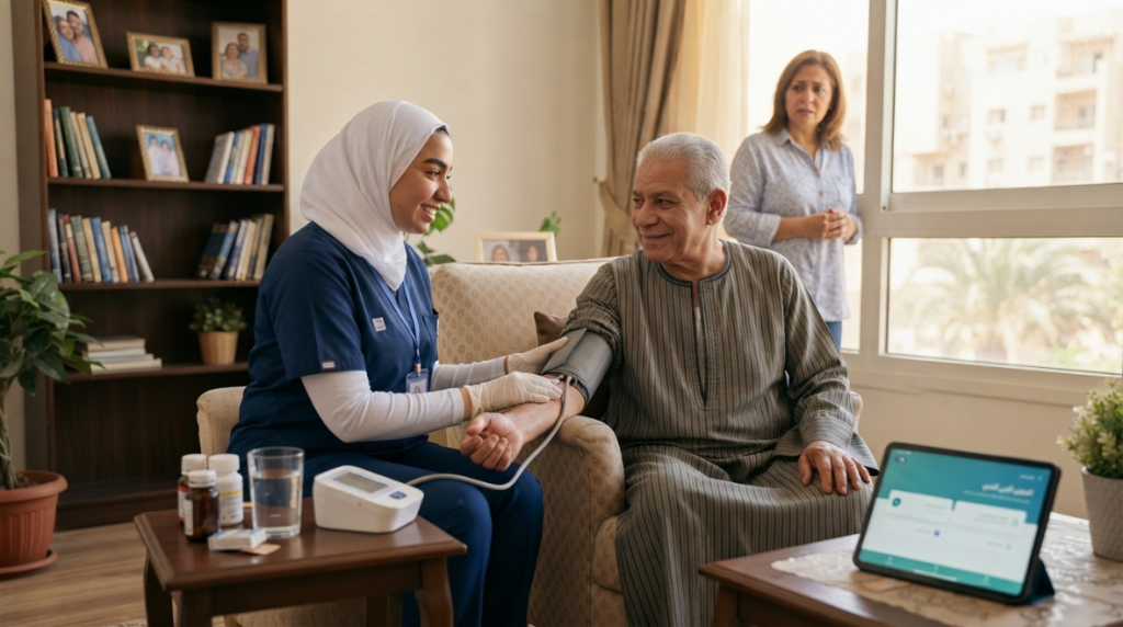 ممرضة منزلية تقيس ضغط رجل مسن في شقة بمدينة نصر وابنته واقفة بجانبهما - مكتب تمريض منزلي مدينة نصر