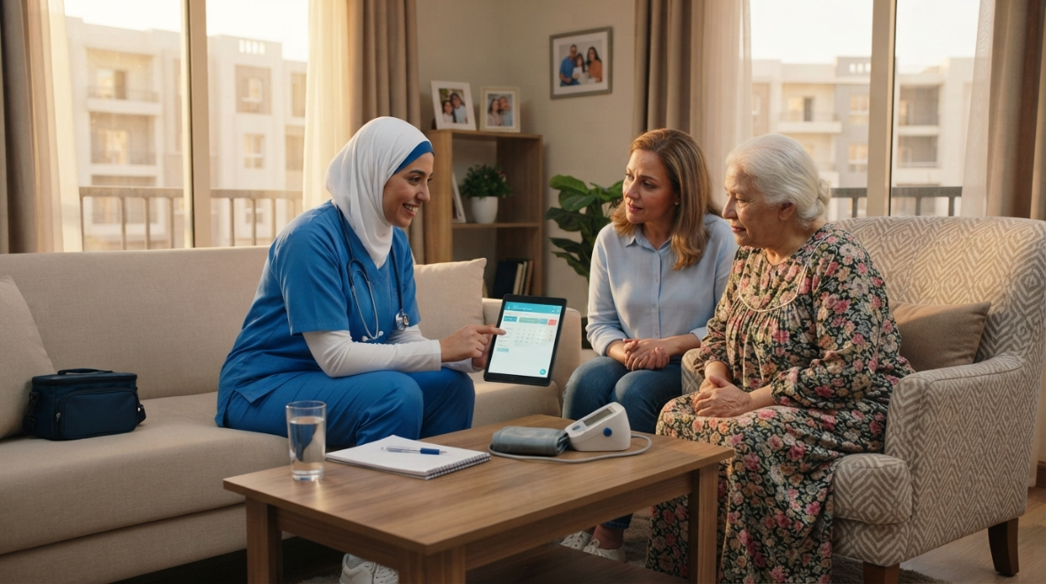 ممرضة منزلية تعرض بيانات الخدمة لسيدة مسنة وابنتها في شقة بمدينة نصر - مكتب تمريض منزلي مدينة نصر