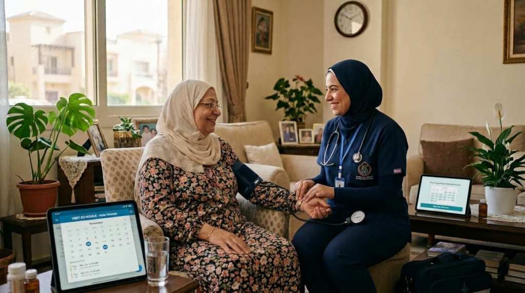 ممرضة منزلية تجلس مع سيدة مسنة وبجانبهما جهاز لوحي يعرض مواعيد الزيارات - ممرض منزلي بالساعة