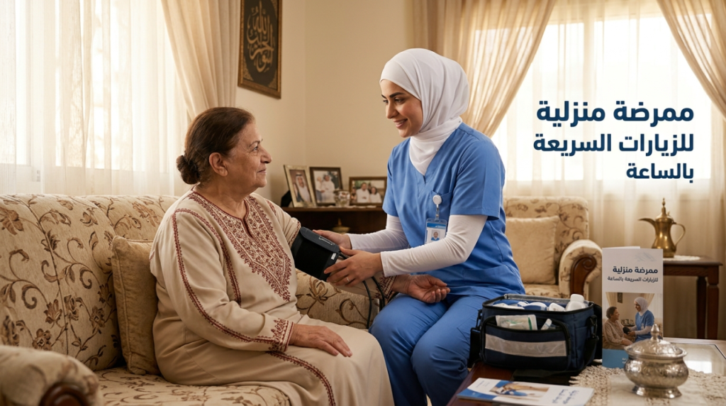 ممرضة منزلية تجلس مع سيدة مسنة في البيت مع عبارة ممرضة منزلية للزيارات السريعة بالساعة - ممرضة منزلية بالساعة