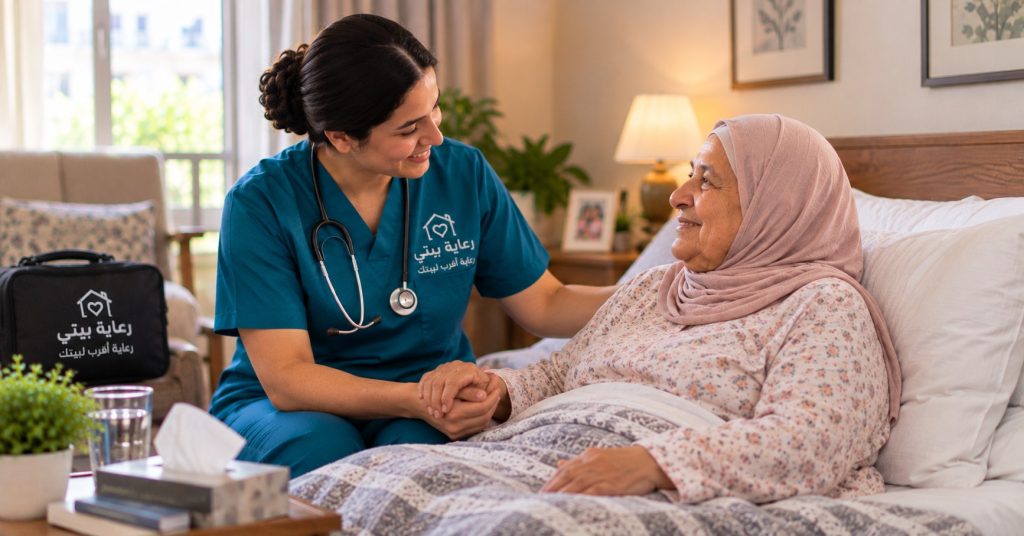 ممرضة منزلية بسماعة طبية تبتسم لسيدة مسنة في سريرها بالبيت - ممرضة منزلية مقيدة بالنقابة