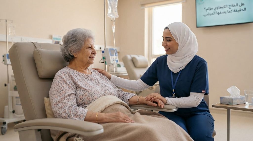 ممرضة منزلية تجلس بجانب مريضة بالسرطان أثناء جلسة كيماوي في البيت - هل العلاج الكيماوي مؤلم