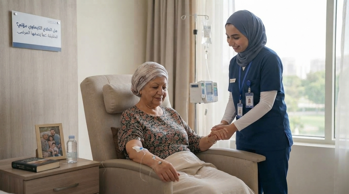 ممرضة منزلية تطمئن على مريضة بالسرطان قرب نافذة الغرفة أثناء العلاج